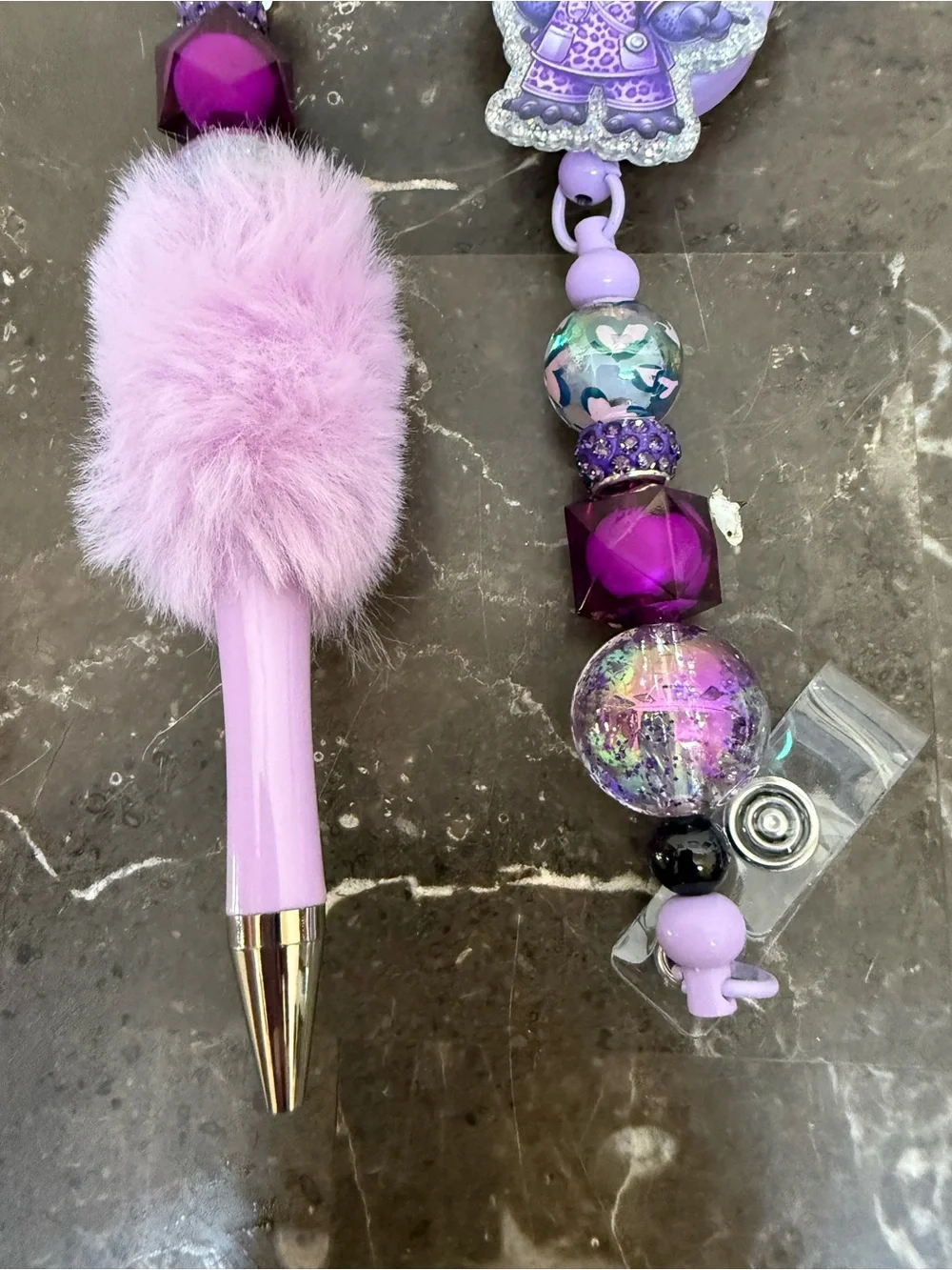 Purple Fur Hearts Nurse Stitch Beaded Pen and Matching Badge Reel Set Handmade